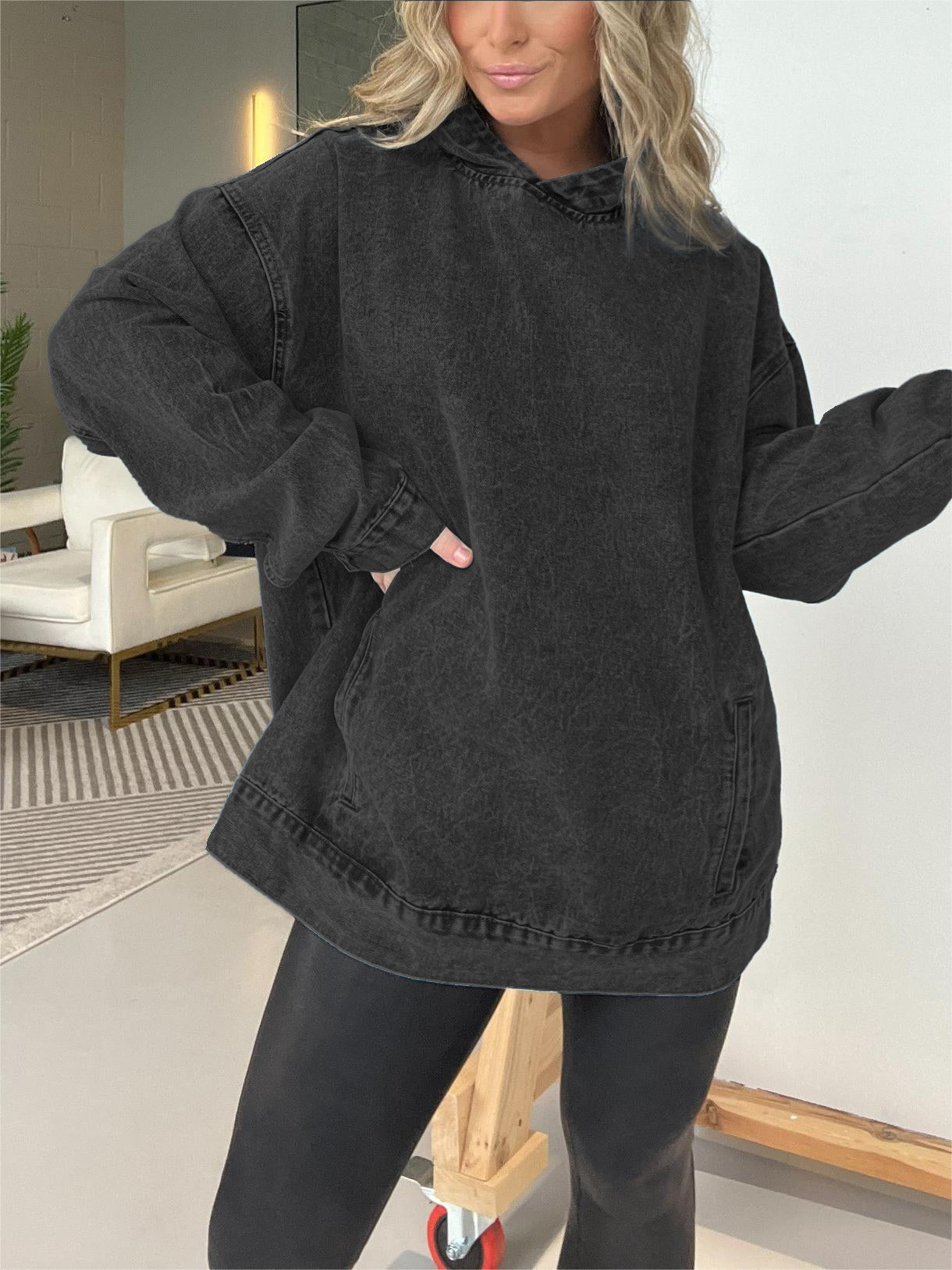Neues Kapuzen-Sweatshirt aus Denim mit Vordertaschen (2 kaufen, kostenloser Versand)
