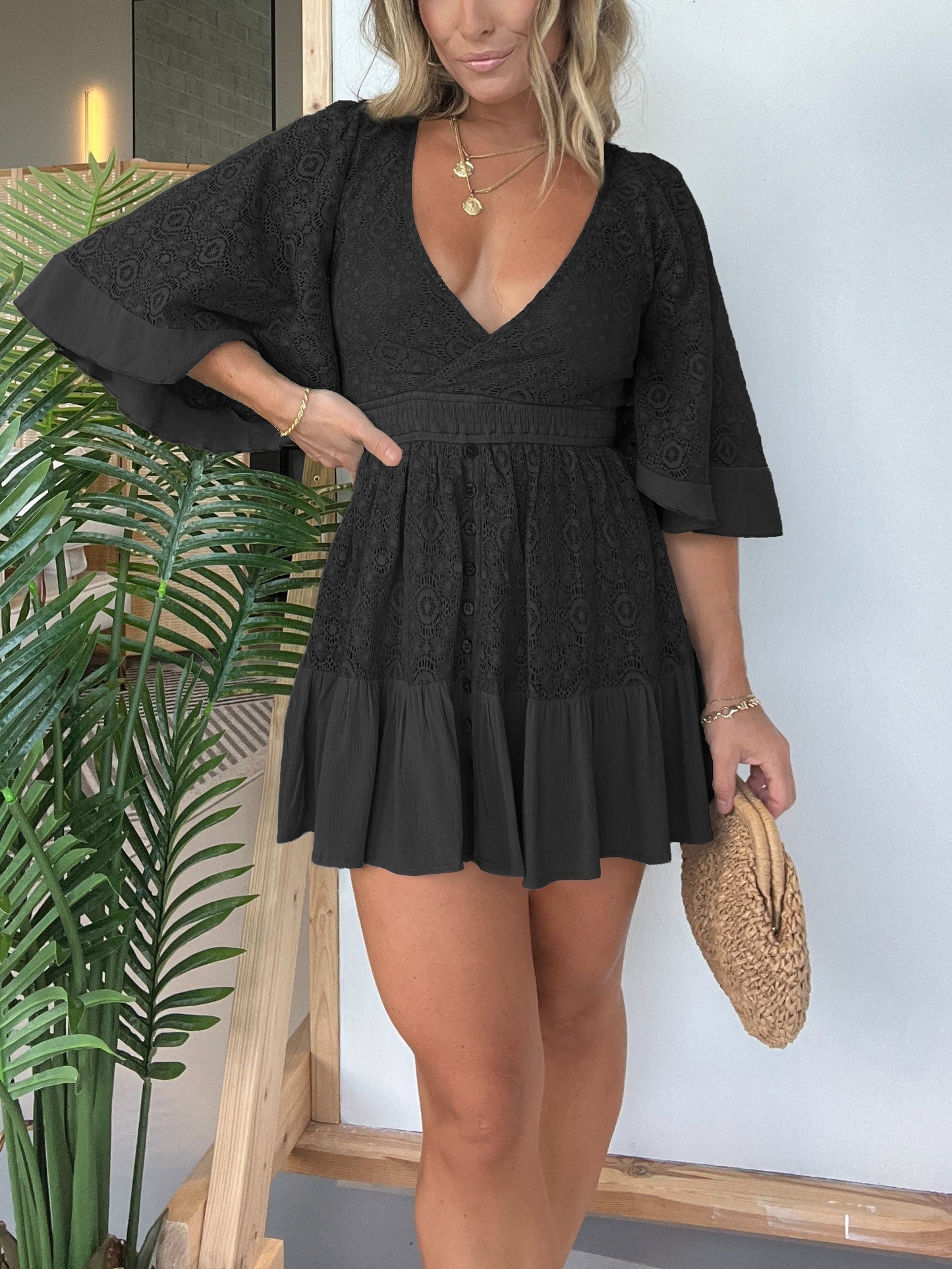 Damen Spitzen-Häkel-Romper-Kleid mit integrierten Shorts (2 kaufen, kostenloser Versand)