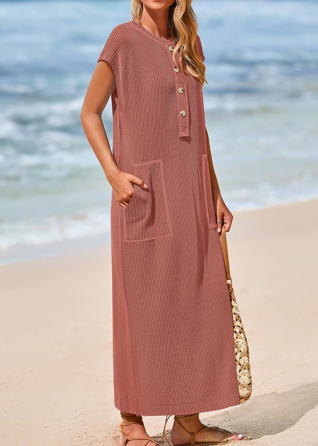 Geripptes Henley-Maxikleid mit Knopfleiste für Damen (2 kaufen, kostenloser Versand)