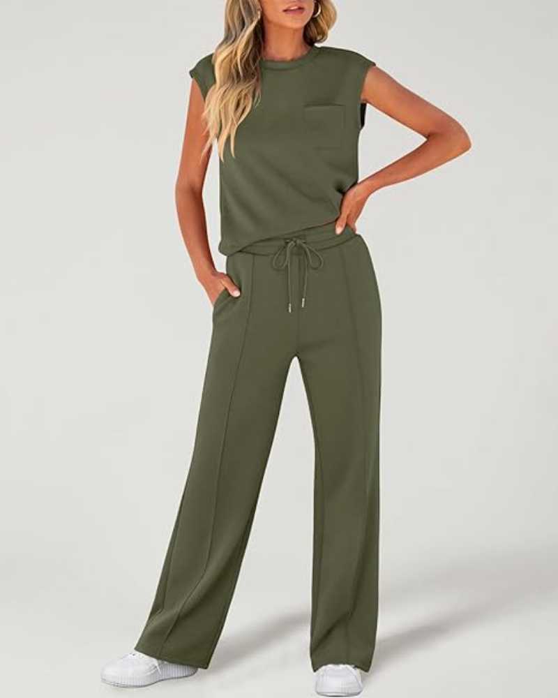 Women's Solid Tank Top & Drawstring Waist Wide Leg Pants Two-piece Set