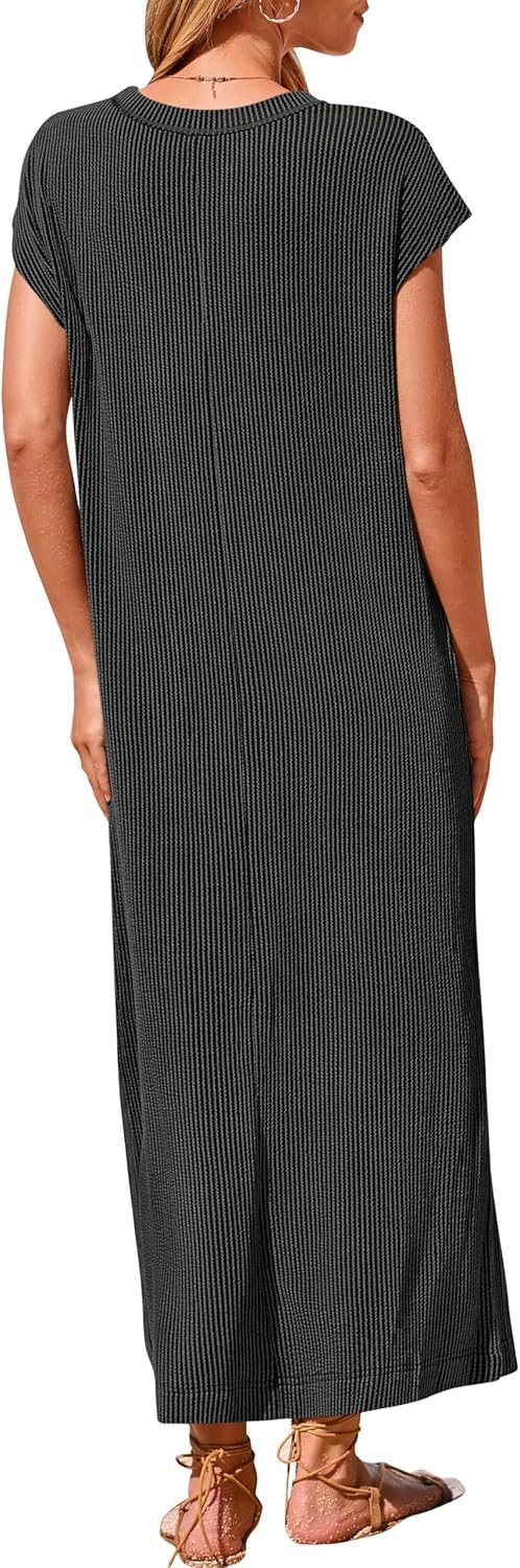 Geripptes Henley-Maxikleid mit Knopfleiste für Damen (2 kaufen, kostenloser Versand)