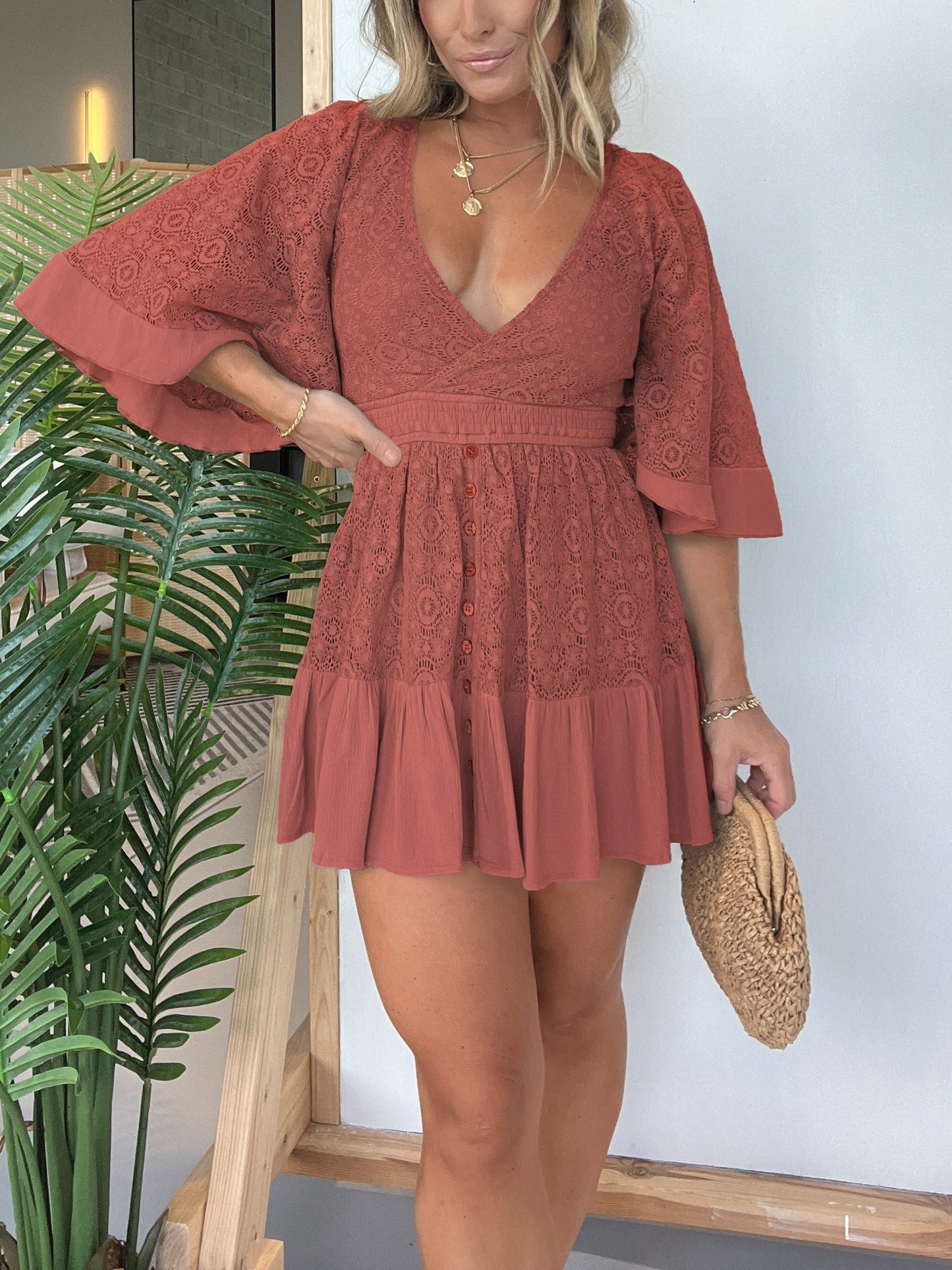 Damen Spitzen-Häkel-Romper-Kleid mit integrierten Shorts (2 kaufen, kostenloser Versand)