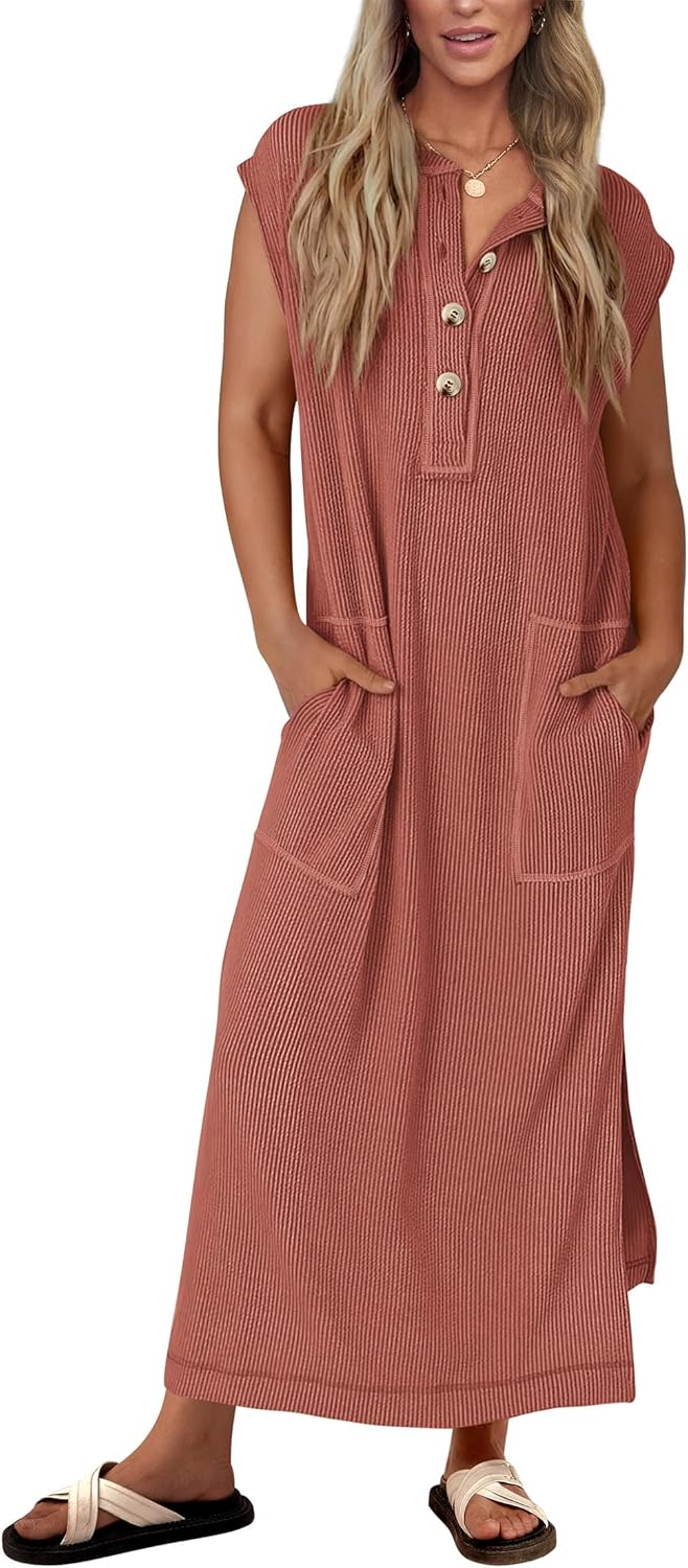 Geripptes Henley-Maxikleid mit Knopfleiste für Damen (2 kaufen, kostenloser Versand)