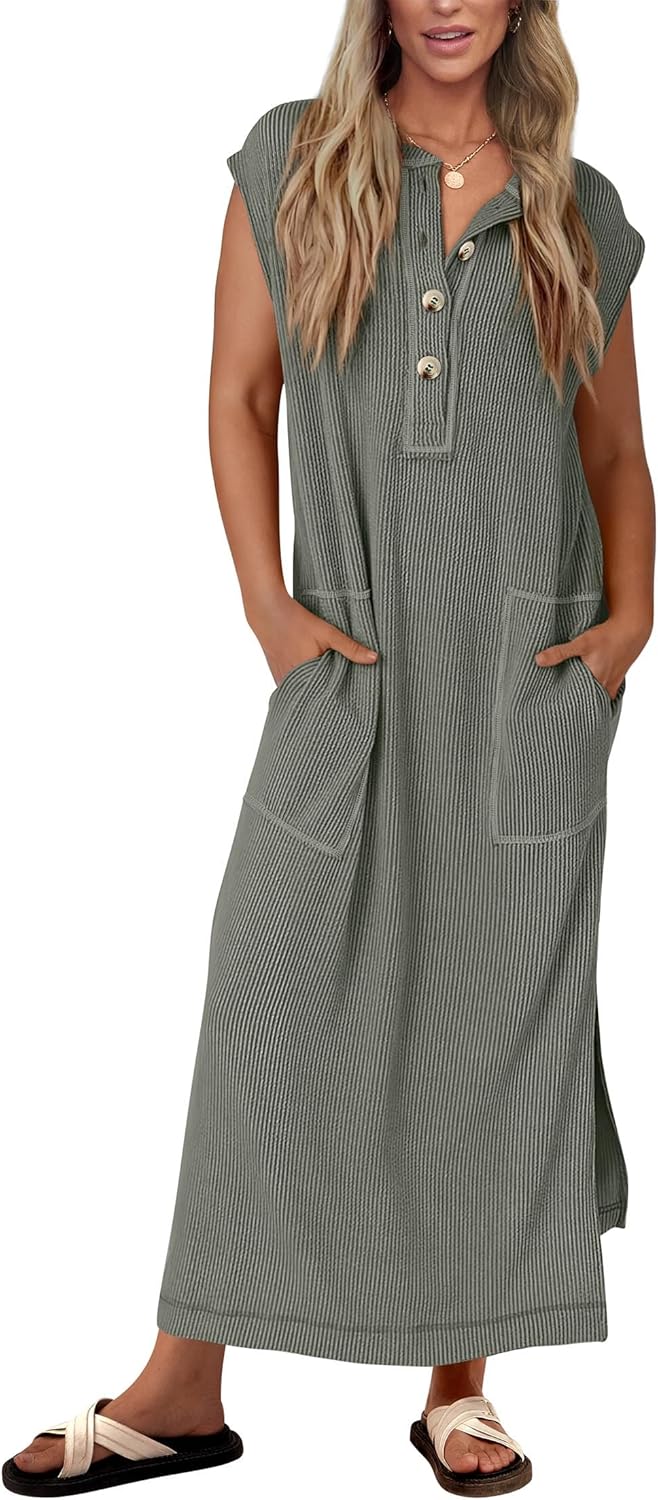 Geripptes Henley-Maxikleid mit Knopfleiste für Damen (2 kaufen, kostenloser Versand)