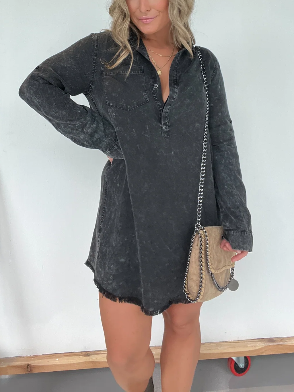 Langärmeliges Jeans-Hemdkleid (2 kaufen, kostenloser Versand)