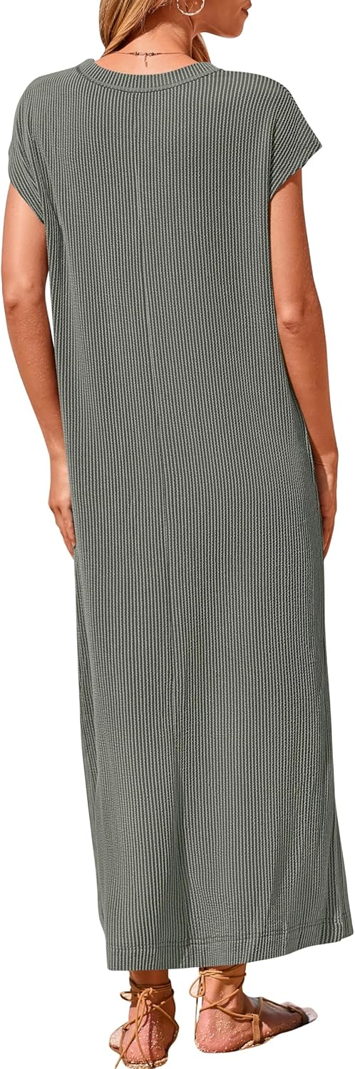 Geripptes Henley-Maxikleid mit Knopfleiste für Damen (2 kaufen, kostenloser Versand)