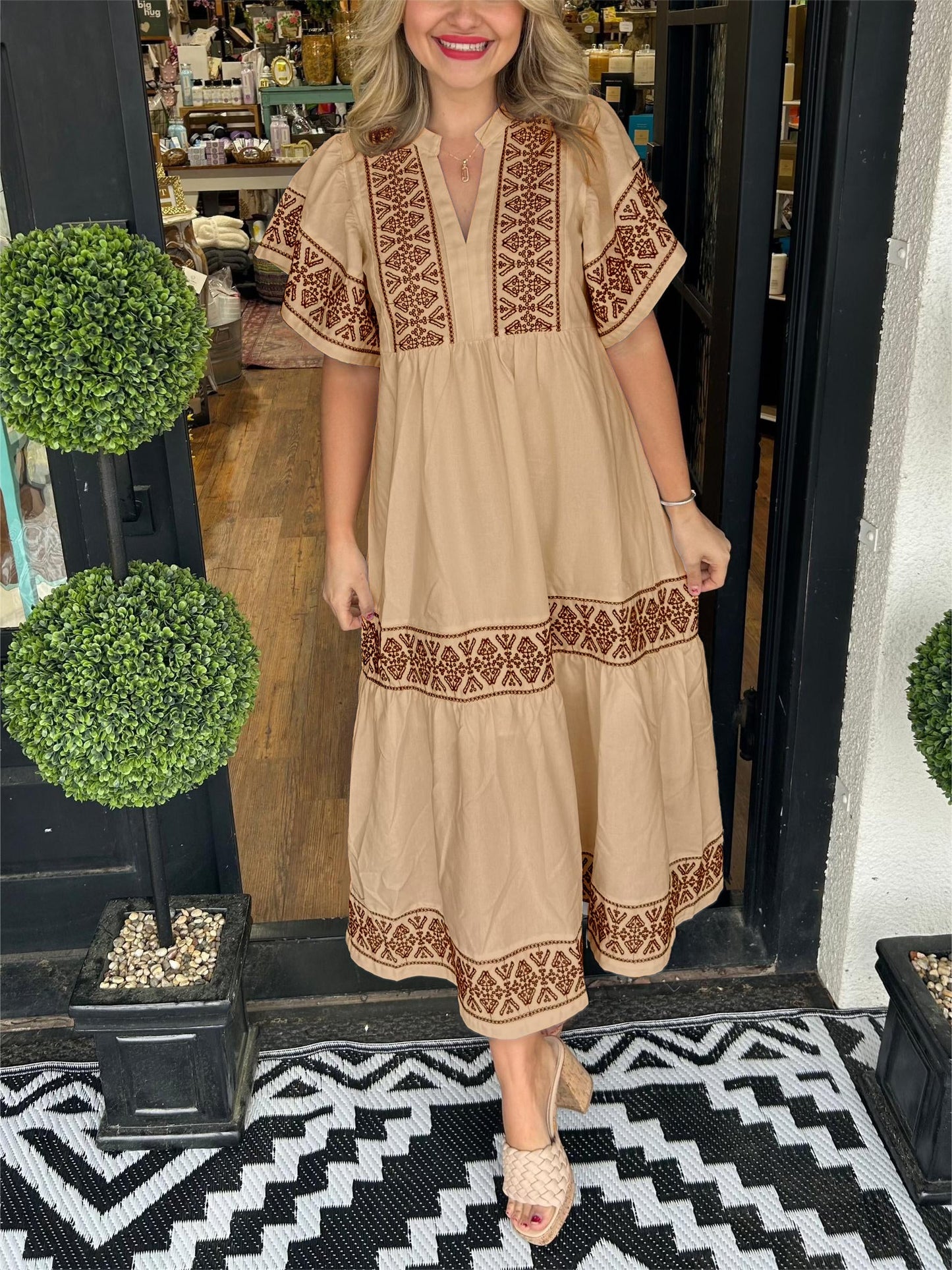 Damen V-Ausschnitt Boho Maxikleid (Kaufe 2, versandkostenfrei)