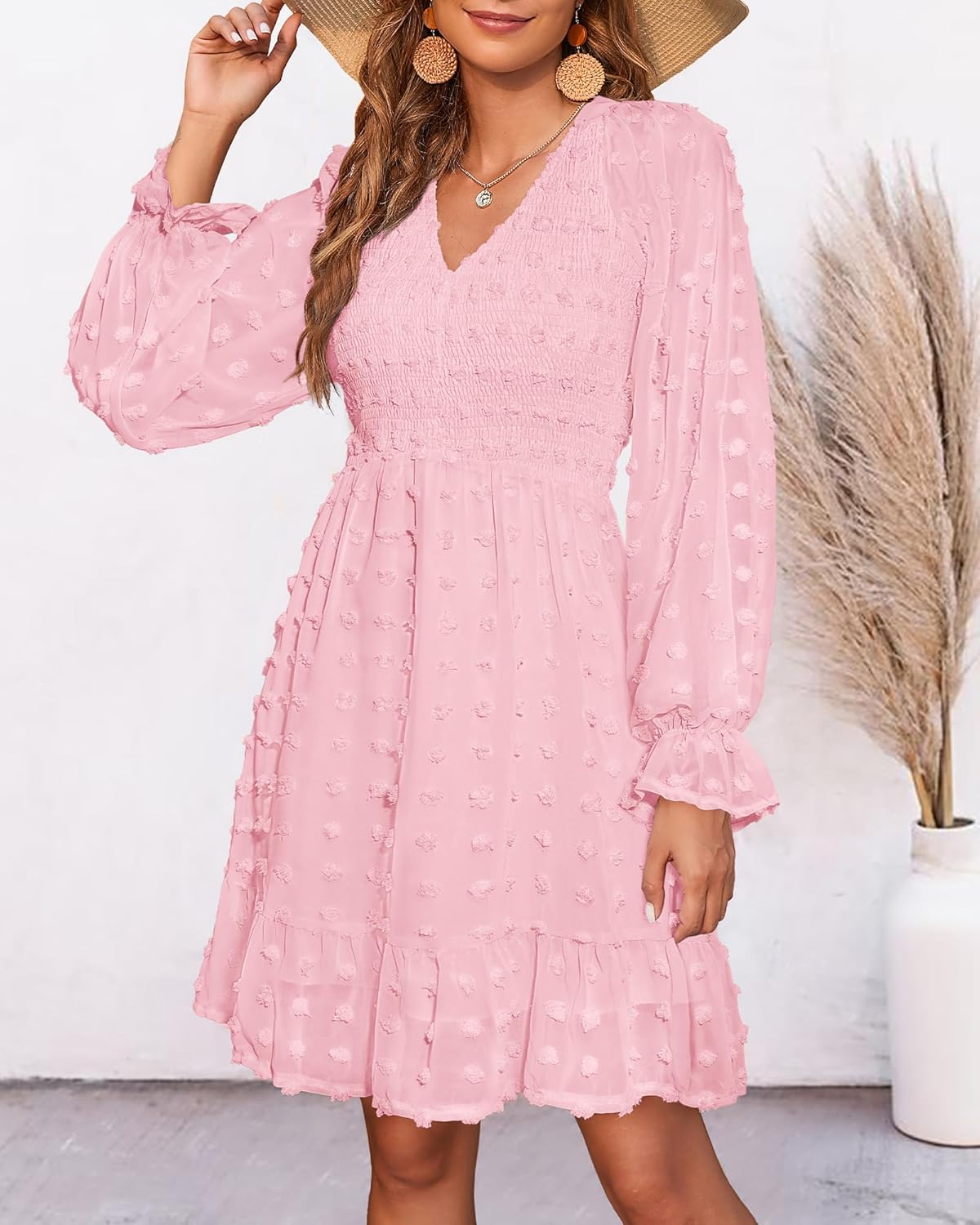 Damen V-Ausschnitt Chiffon Minikleid mit Schweizer Punkten für den Frühling (2 kaufen, kostenloser Versand)