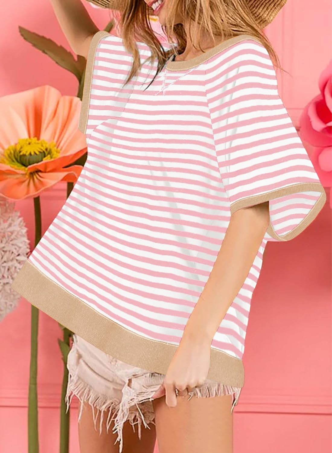 Damen Oversized Gestreifte T-Shirts (3 kaufen, kostenloser Versand)