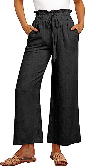 Damen Leinenhose mit hohem Bund, Kordelzug und weitem Bein