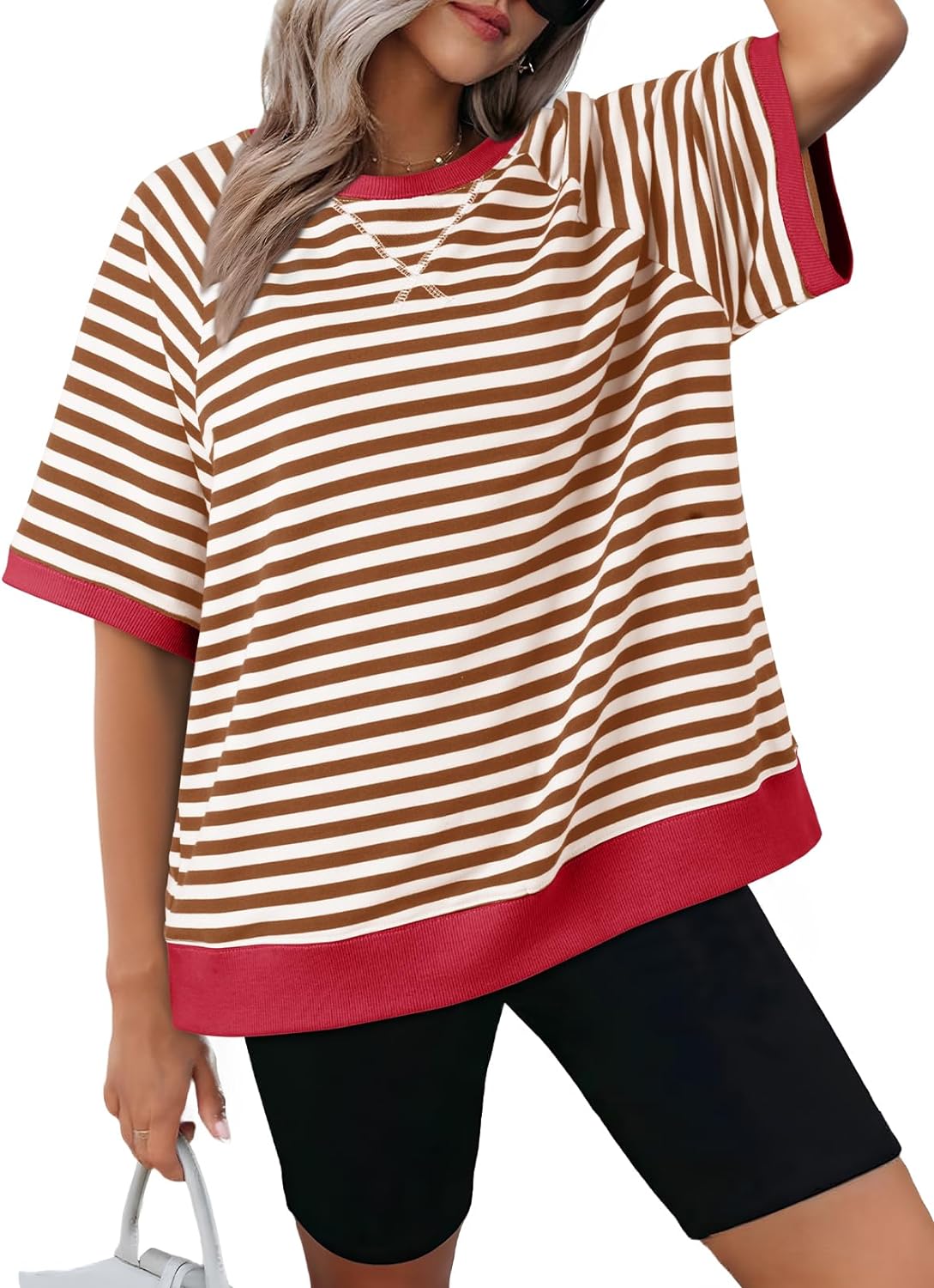 Damen Oversized Gestreifte T-Shirts (3 kaufen, kostenloser Versand)