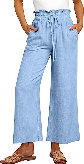 Damen Leinenhose mit hohem Bund, Kordelzug und weitem Bein