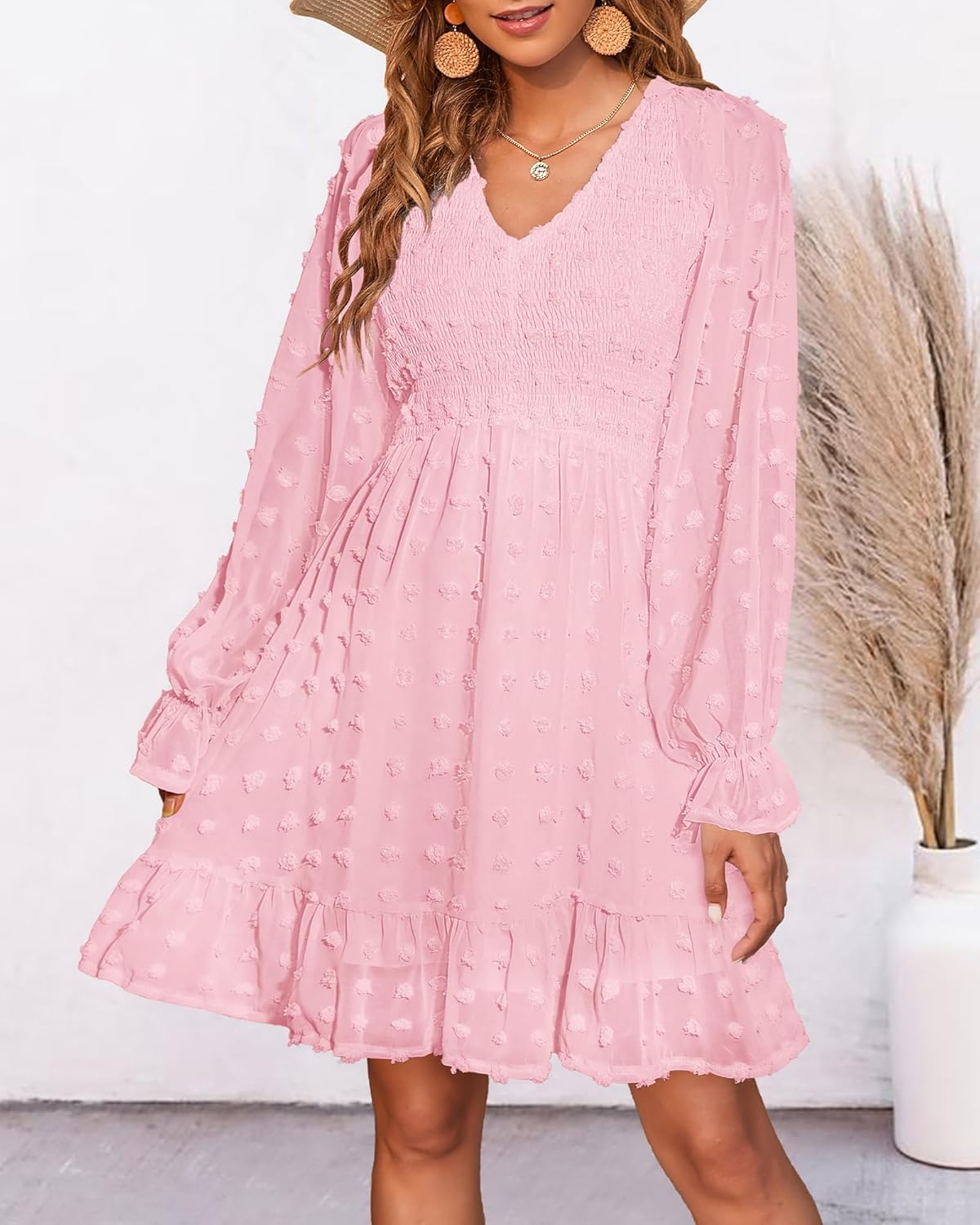 Damen V-Ausschnitt Chiffon Minikleid mit Schweizer Punkten für den Frühling (2 kaufen, kostenloser Versand)