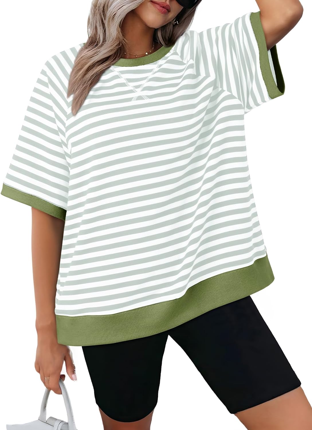 Damen Oversized Gestreifte T-Shirts (3 kaufen, kostenloser Versand)
