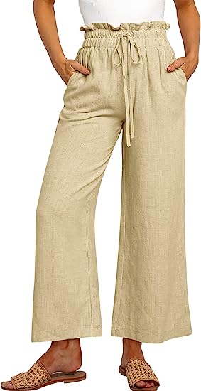 Damen Leinenhose mit hohem Bund, Kordelzug und weitem Bein