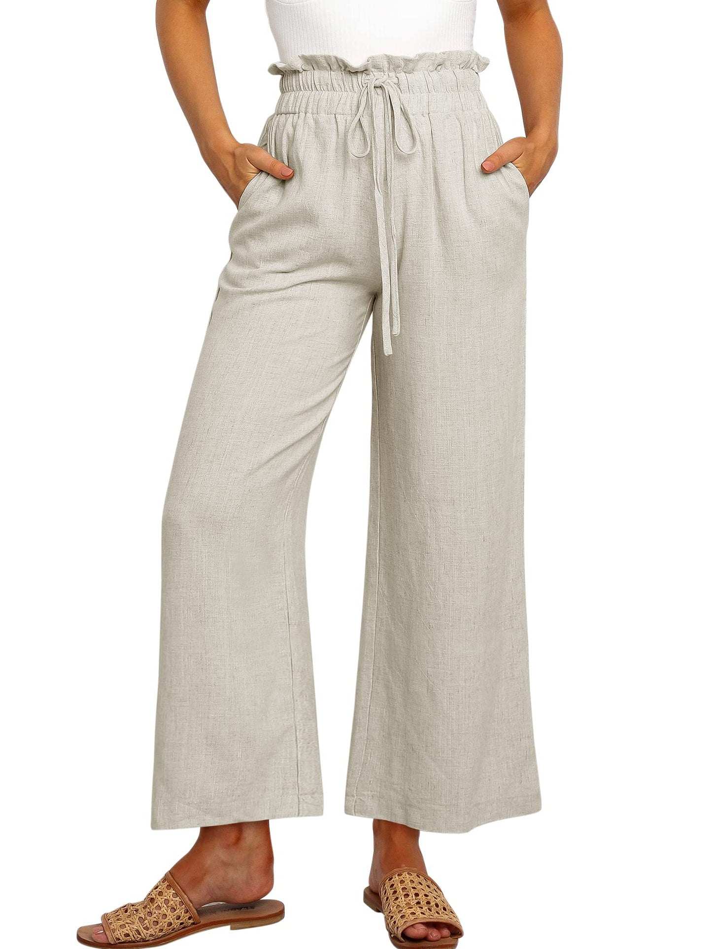 Damen Leinenhose mit hohem Bund, Kordelzug und weitem Bein