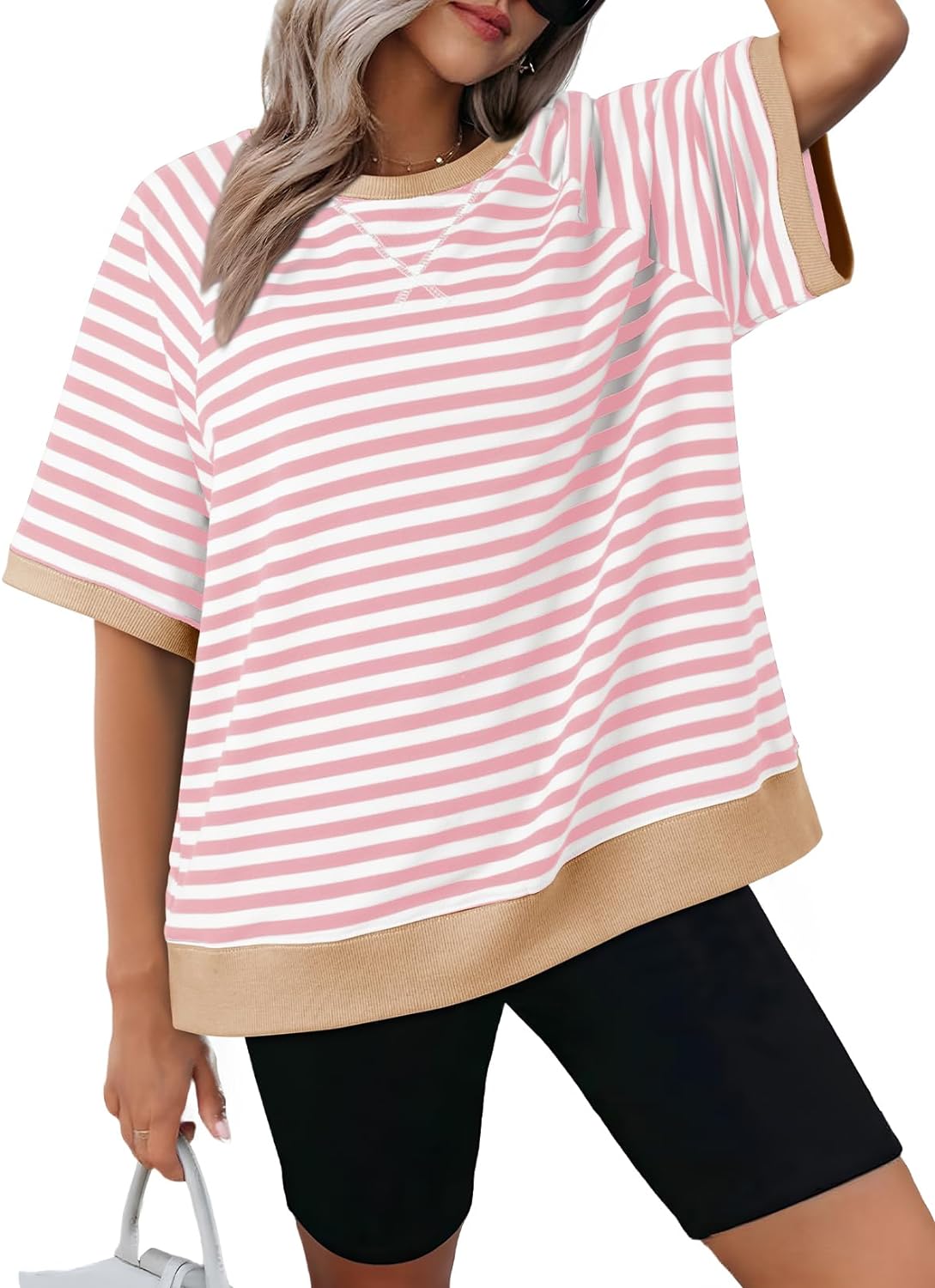 Damen Oversized Gestreifte T-Shirts (3 kaufen, kostenloser Versand)
