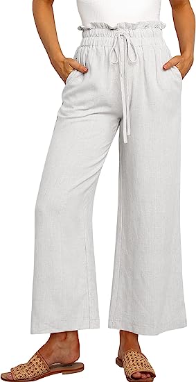 Damen Leinenhose mit hohem Bund, Kordelzug und weitem Bein