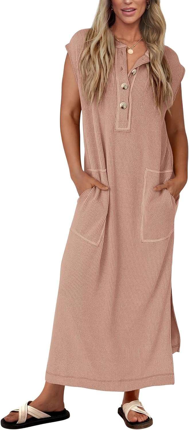 Geripptes Henley-Maxikleid mit Knopfleiste für Damen (2 kaufen, kostenloser Versand)