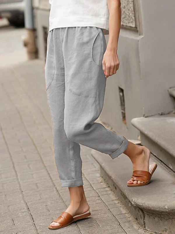 Leinen-Baumwoll-Hose für Damen, große Größen, locker geschnitten