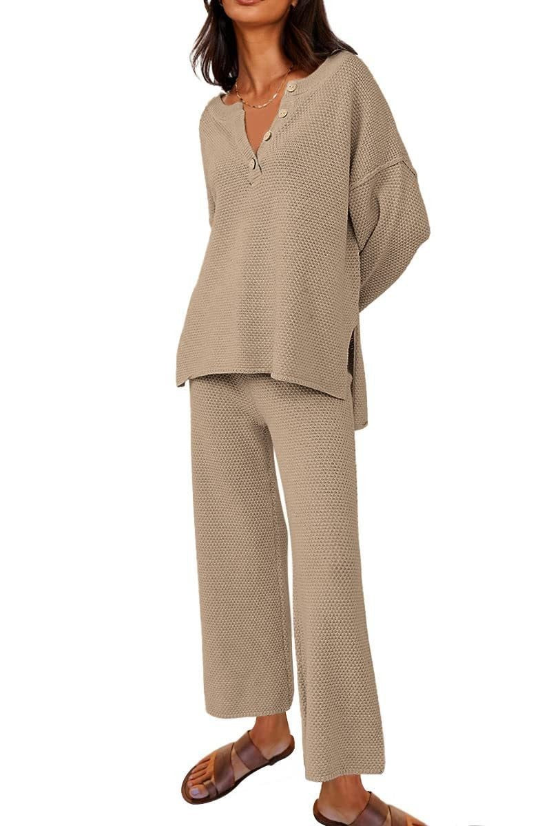Loungewear-Set aus 2 Teilen mit Knopfstrickpullover (Kaufe 2 versandkostenfrei)