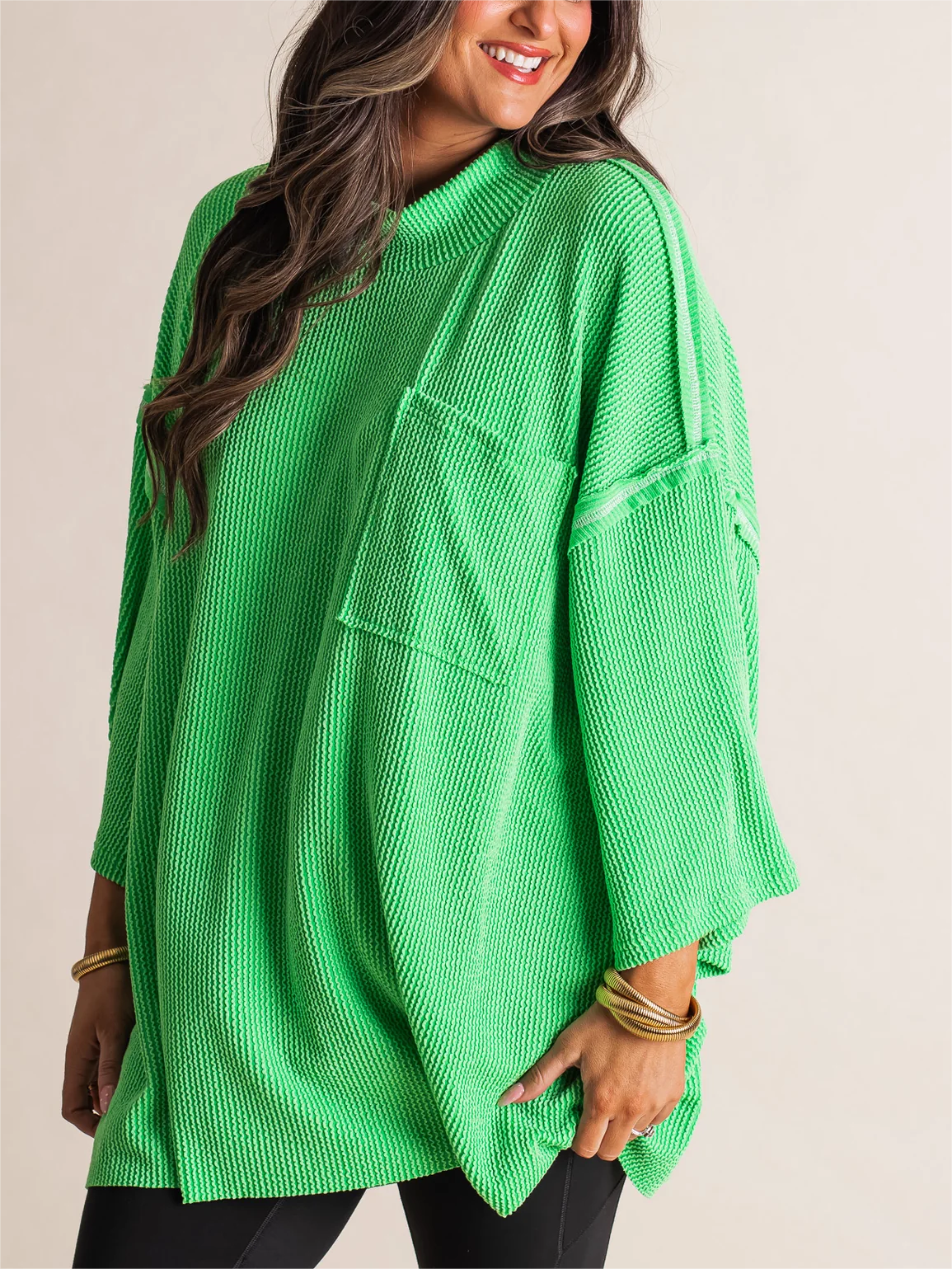 Oversize urbaner Rippstrick-Longpullover mit hohem Kragen (2 kaufen, kostenloser Versand)