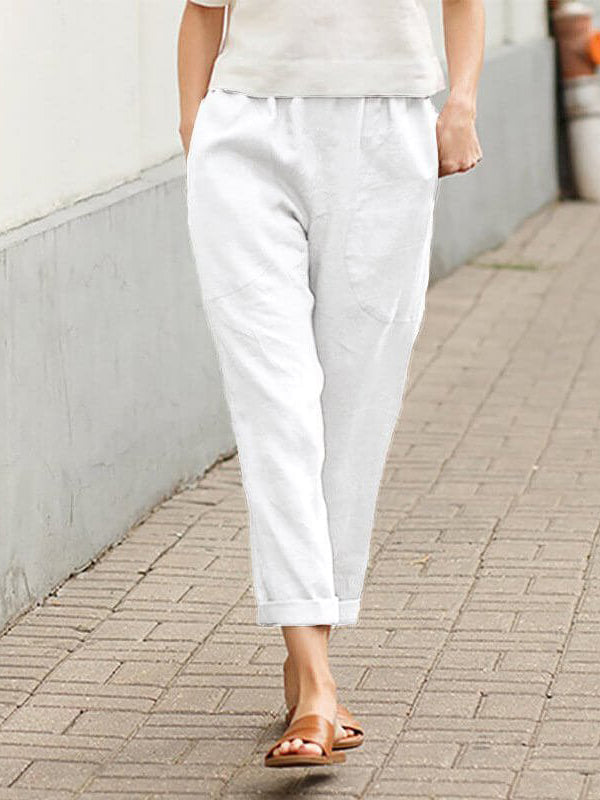 Leinen-Baumwoll-Hose für Damen, große Größen, locker geschnitten