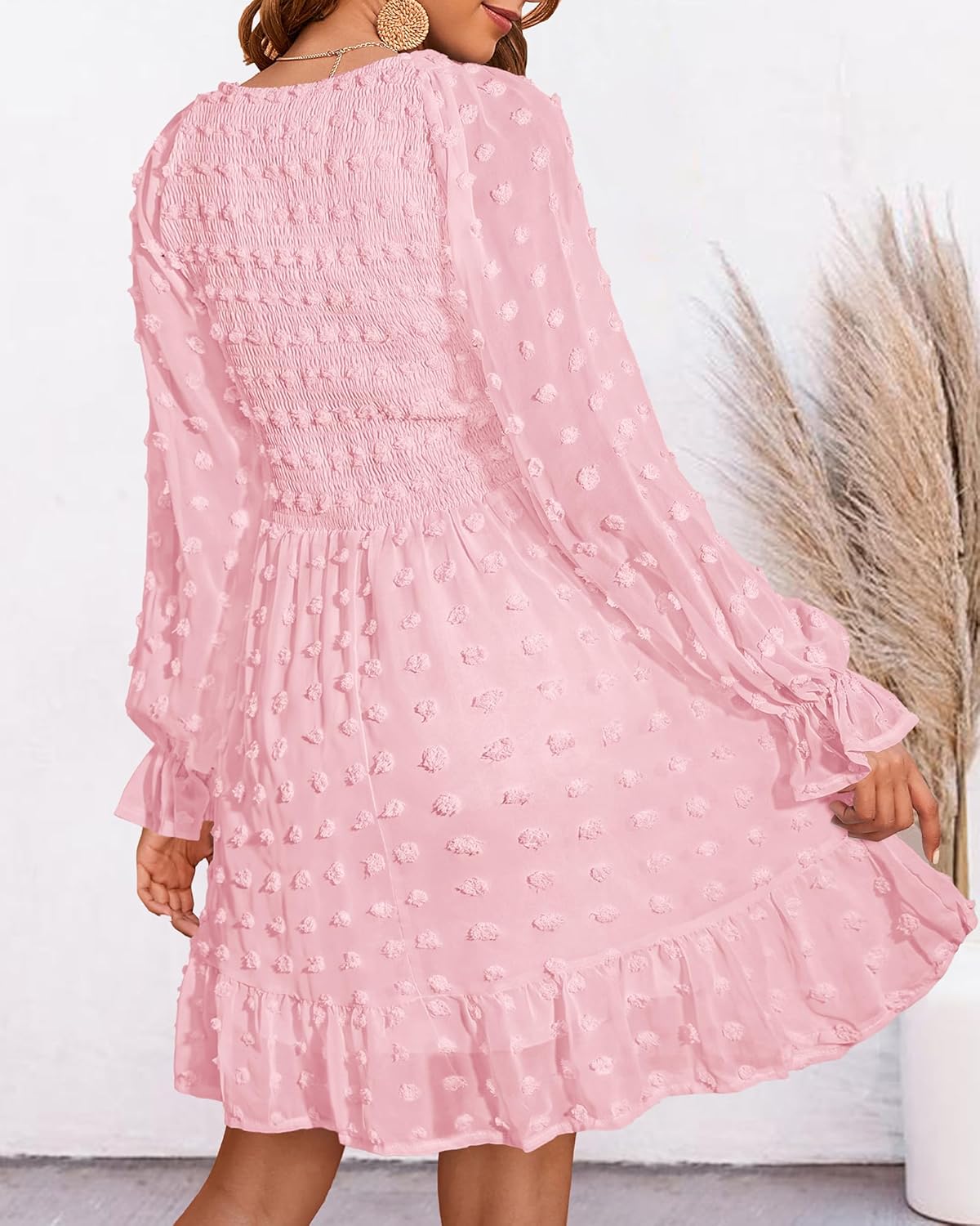 Damen V-Ausschnitt Chiffon Minikleid mit Schweizer Punkten für den Frühling (2 kaufen, kostenloser Versand)