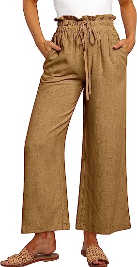 Damen Leinenhose mit hohem Bund, Kordelzug und weitem Bein