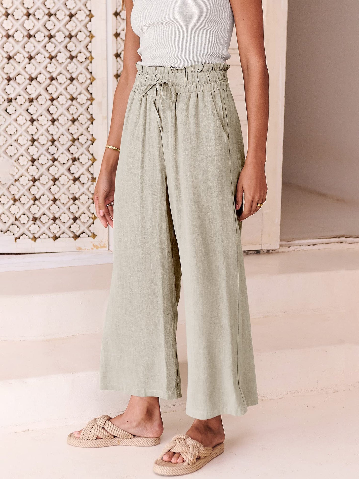 Damen Leinenhose mit hohem Bund, Kordelzug und weitem Bein