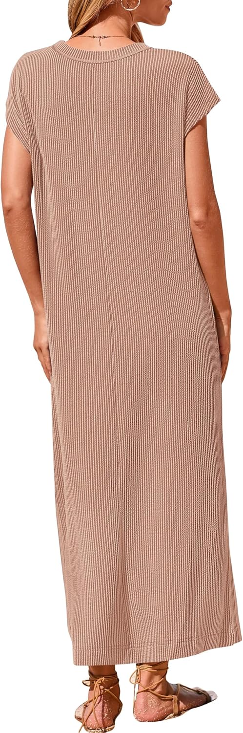 Geripptes Henley-Maxikleid mit Knopfleiste für Damen (2 kaufen, kostenloser Versand)