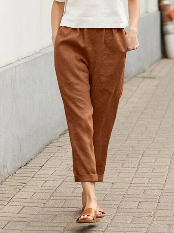 Leinen-Baumwoll-Hose für Damen, große Größen, locker geschnitten
