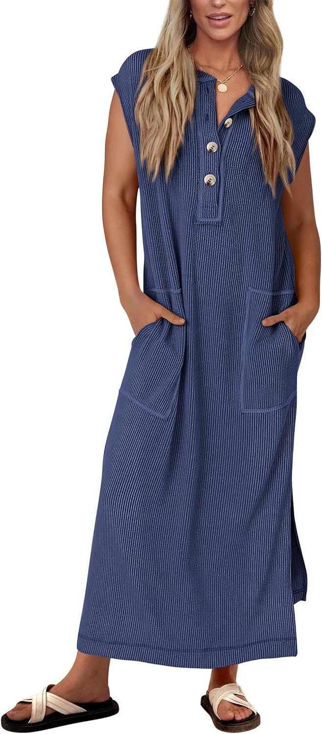 Geripptes Henley-Maxikleid mit Knopfleiste für Damen (2 kaufen, kostenloser Versand)