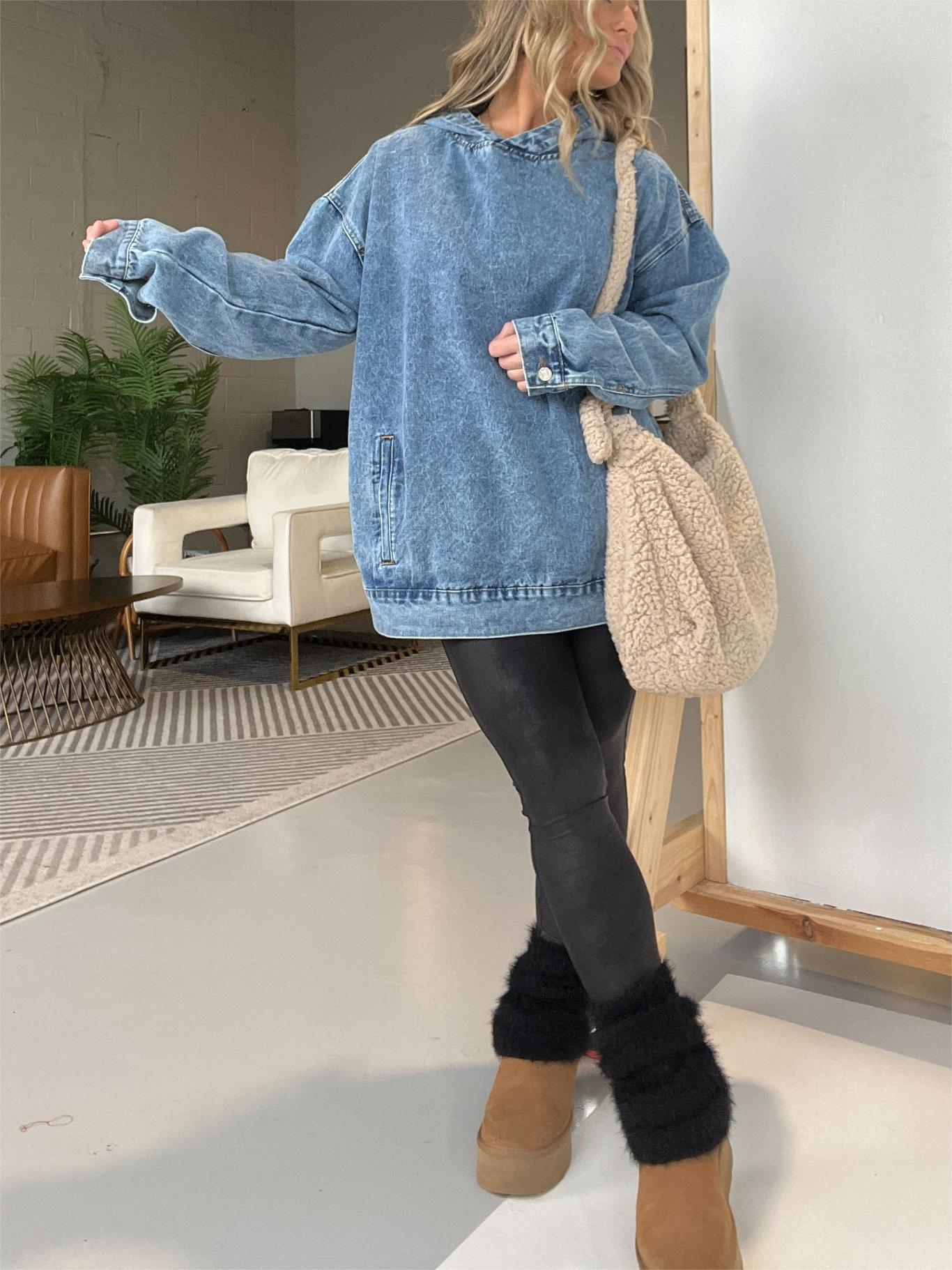 Neues Kapuzen-Sweatshirt aus Denim mit Vordertaschen (2 kaufen, kostenloser Versand)