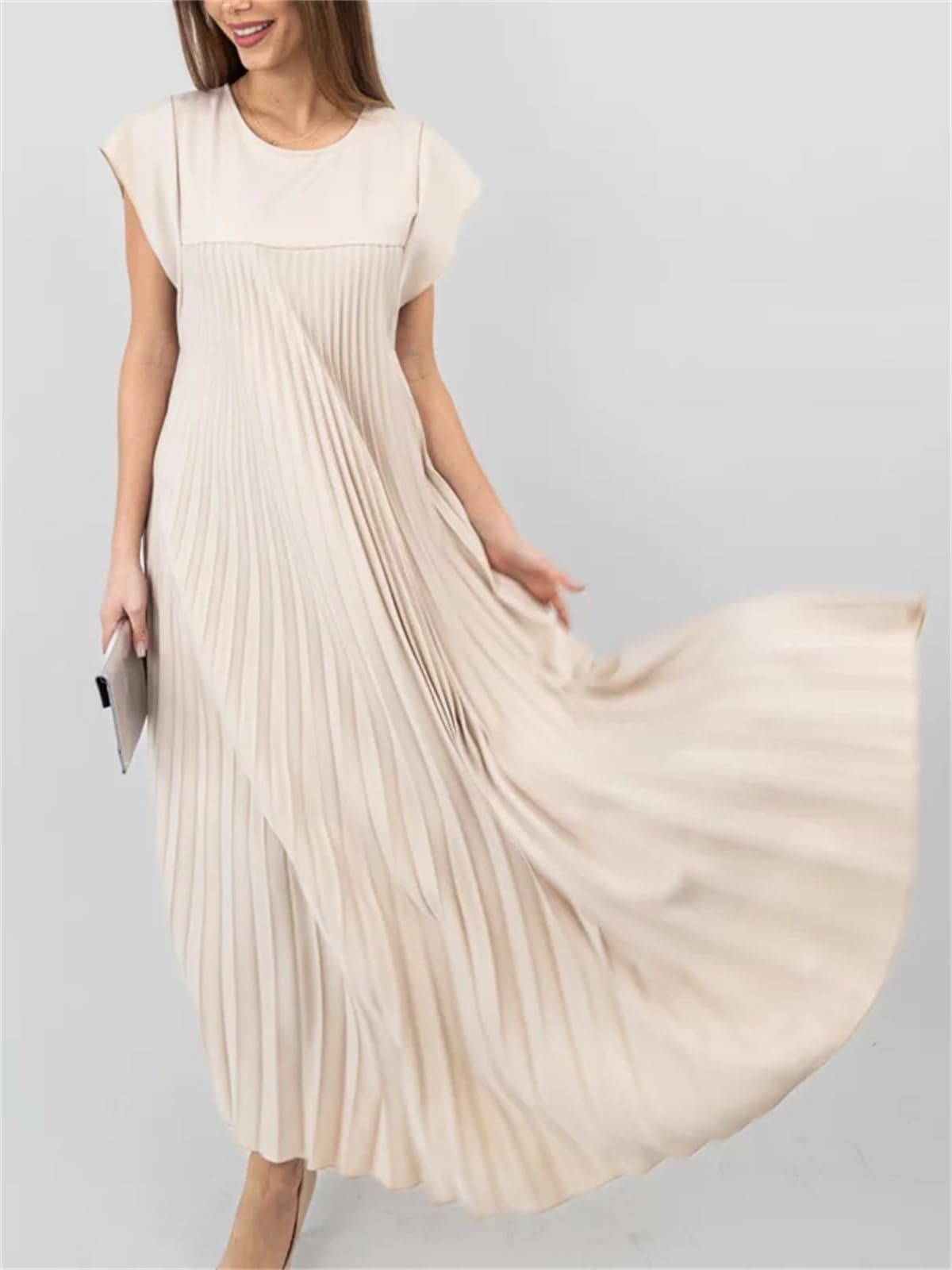 Damen Maxikleid mit Kappärmeln, plissiert, fließend (2 kaufen, kostenloser Versand)