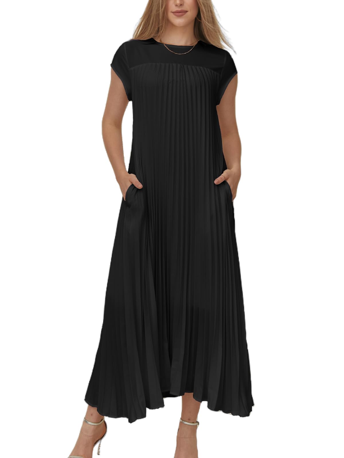 Damen Maxikleid mit Kappärmeln, plissiert, fließend (2 kaufen, kostenloser Versand)