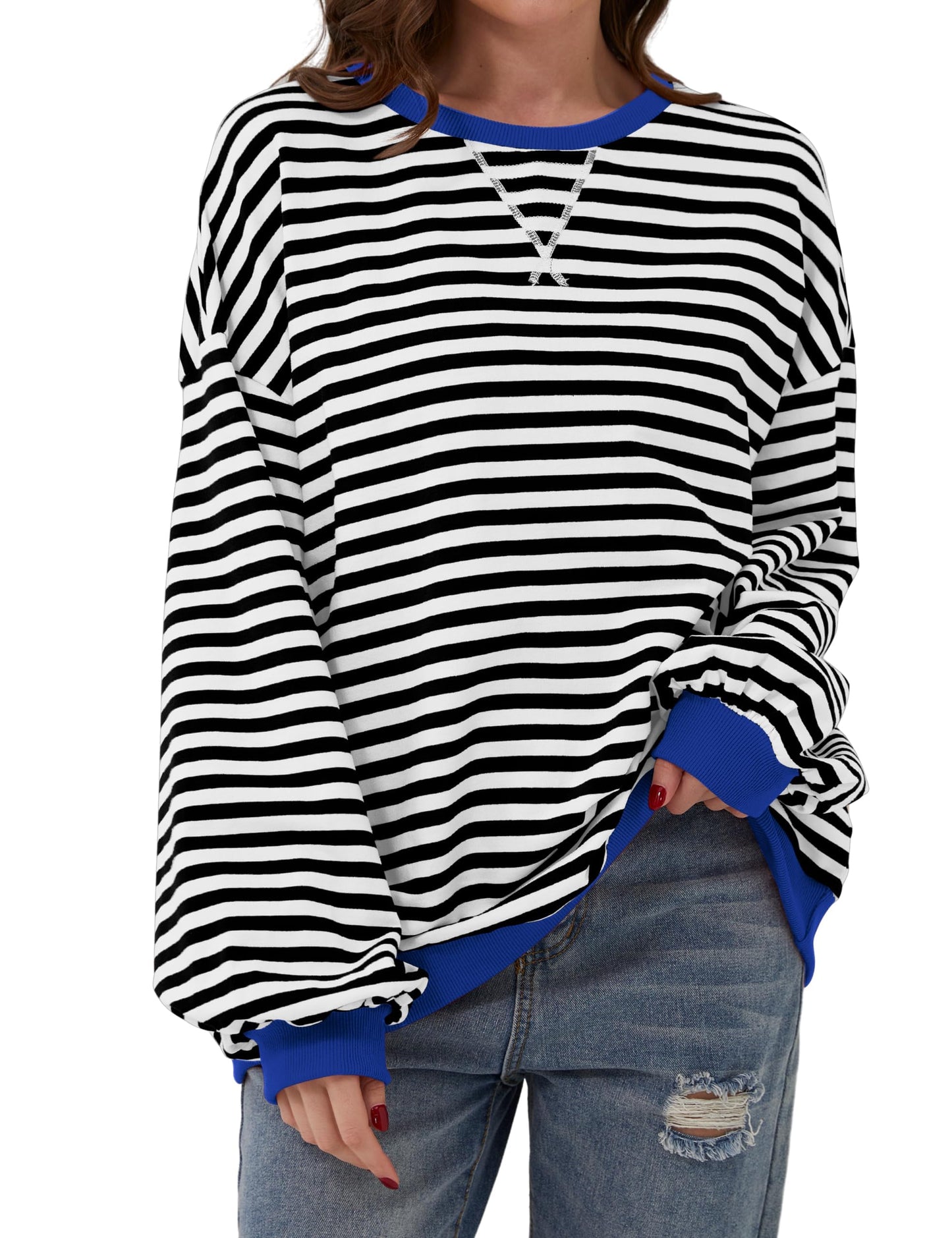 Damen Oversize-Pullover mit Streifen und langen Ärmeln (2 kaufen, kostenloser Versand)
