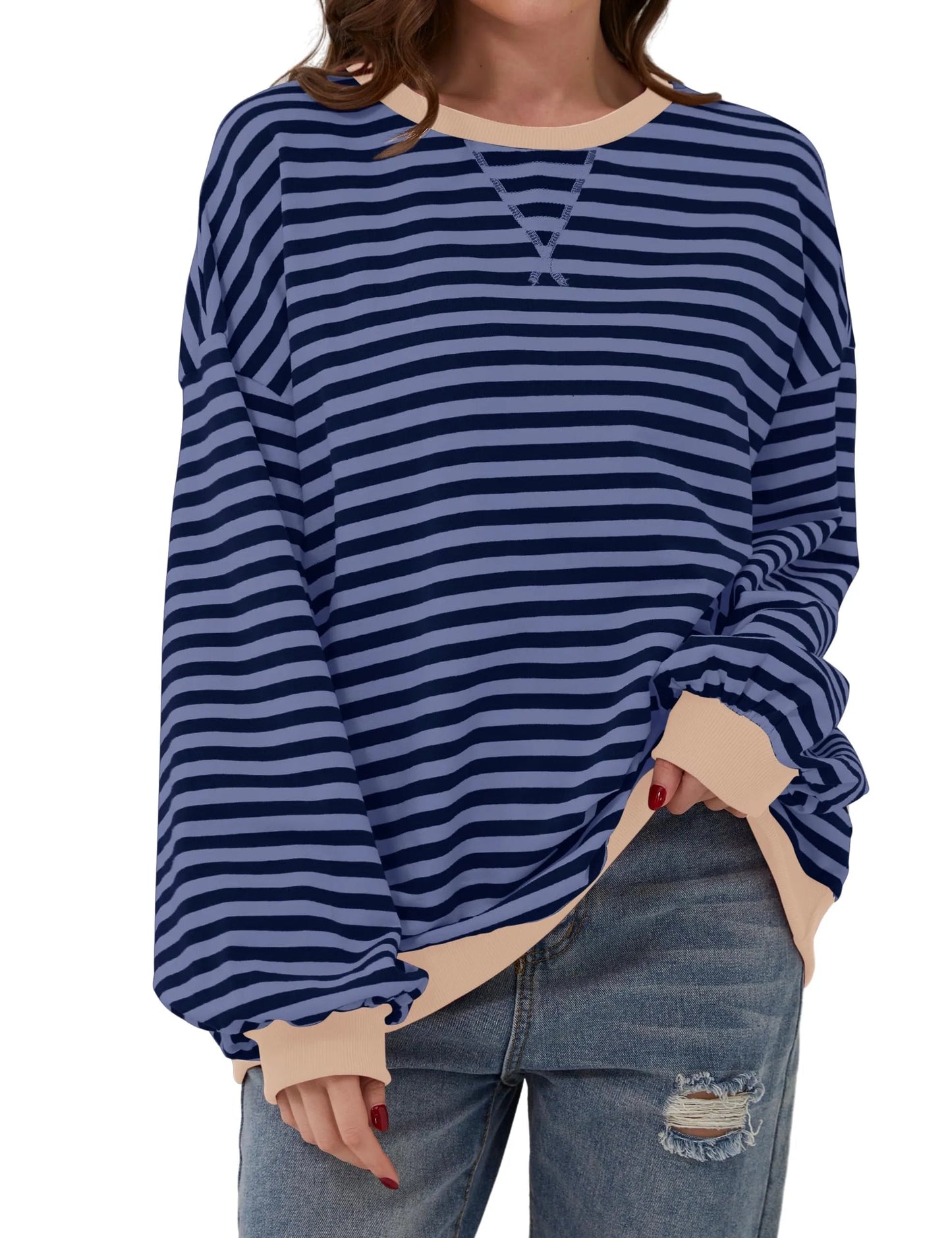 Damen Oversize-Pullover mit Streifen und langen Ärmeln (2 kaufen, kostenloser Versand)