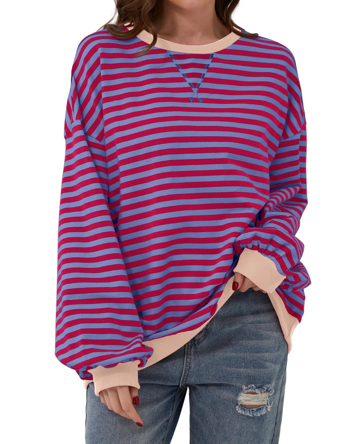 Damen Oversize-Pullover mit Streifen und langen Ärmeln (2 kaufen, kostenloser Versand)