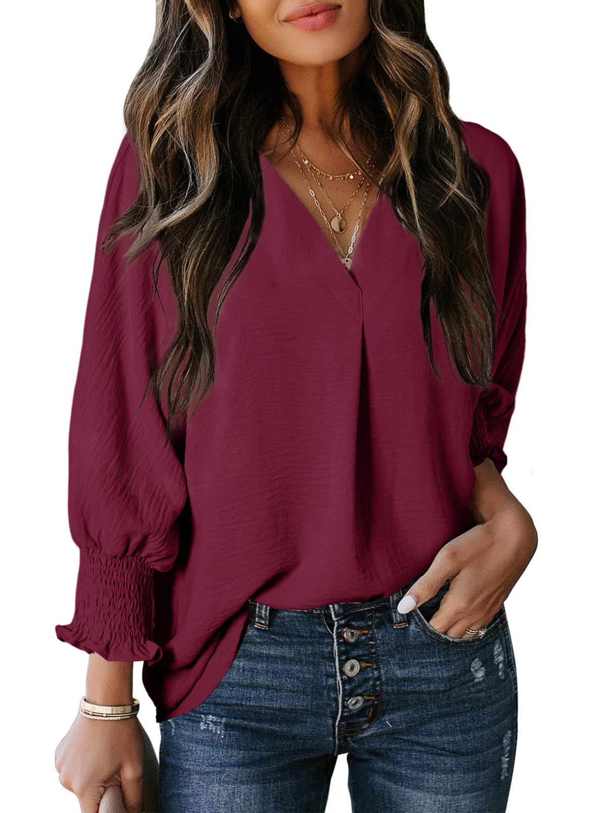 Damen lässige 3/4-Arm V-Ausschnitt Basic-Oberteile (3 kaufen, kostenloser Versand)
