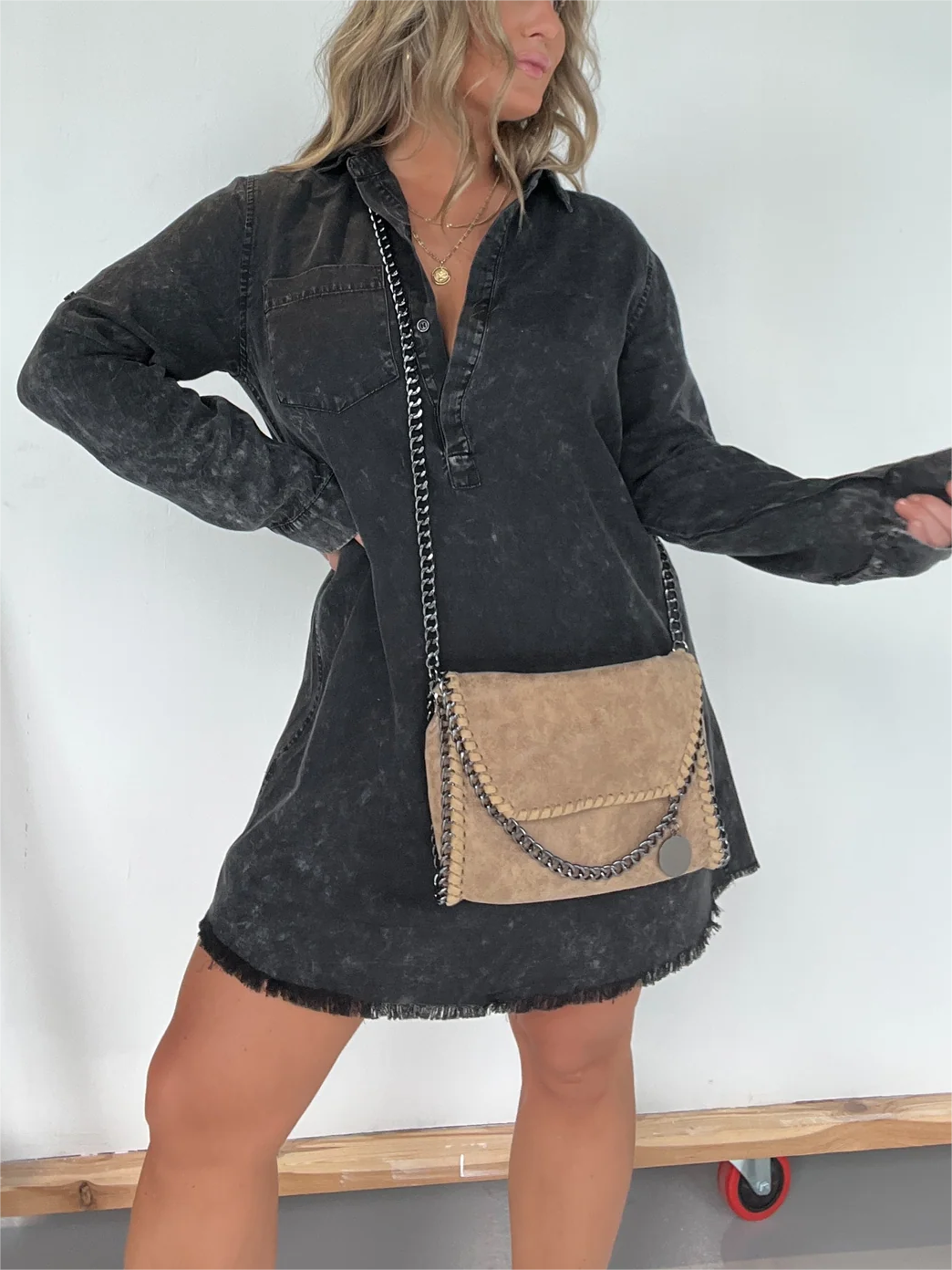Langärmeliges Jeans-Hemdkleid (2 kaufen, kostenloser Versand)