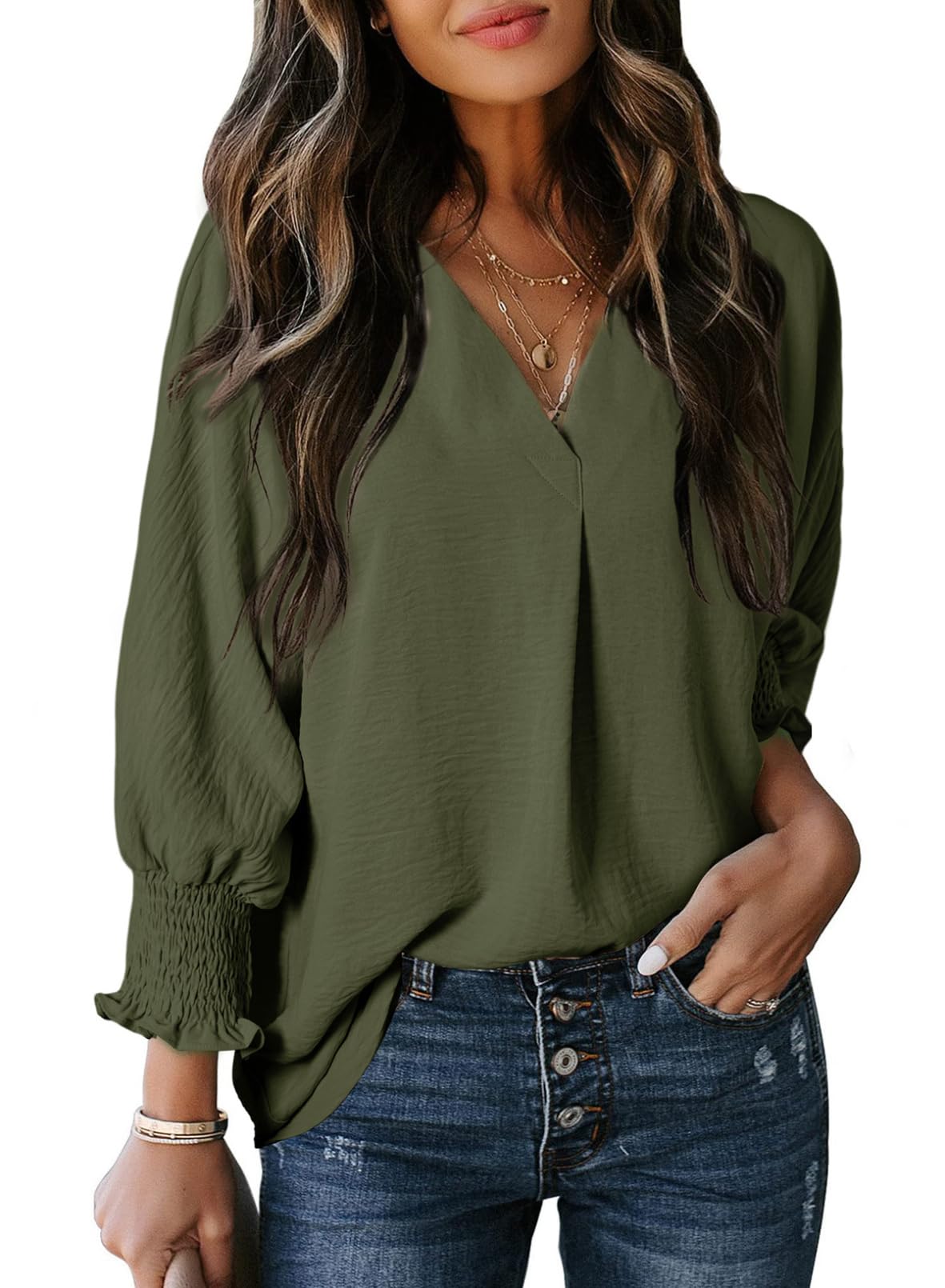 Damen lässige 3/4-Arm V-Ausschnitt Basic-Oberteile (3 kaufen, kostenloser Versand)