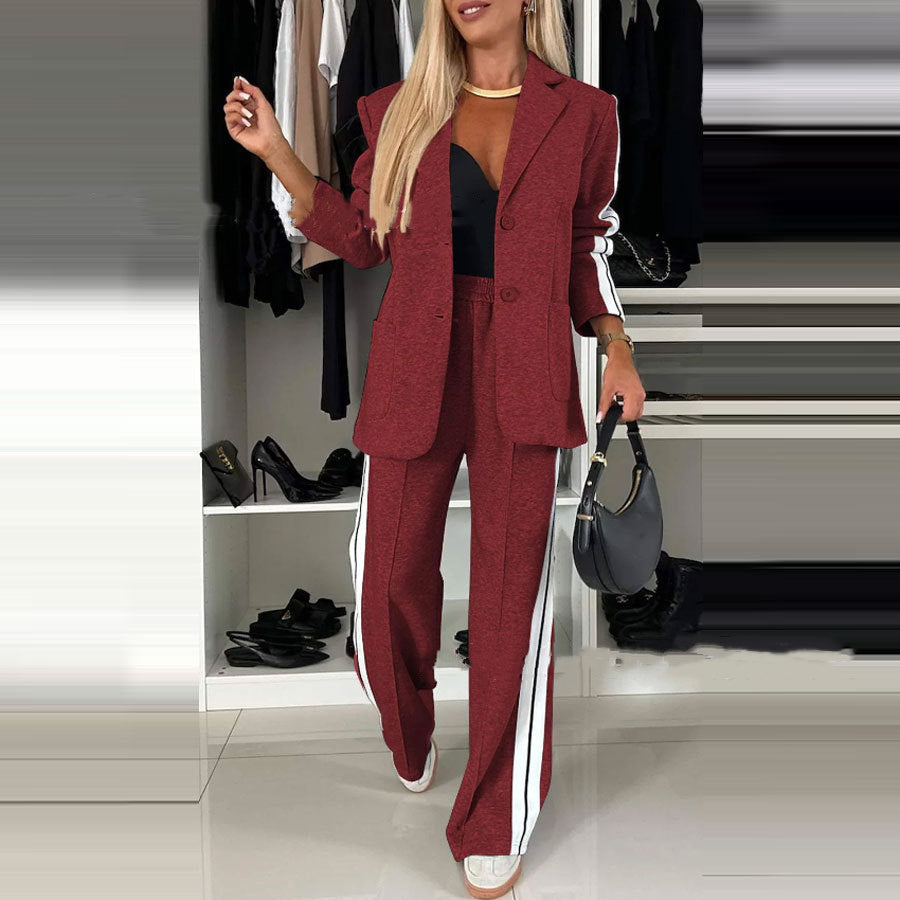 Sportlicher Patchwork-Blazer mit Revers und locker geschnittene Hose mit elastischem Bund und Taschen im Set