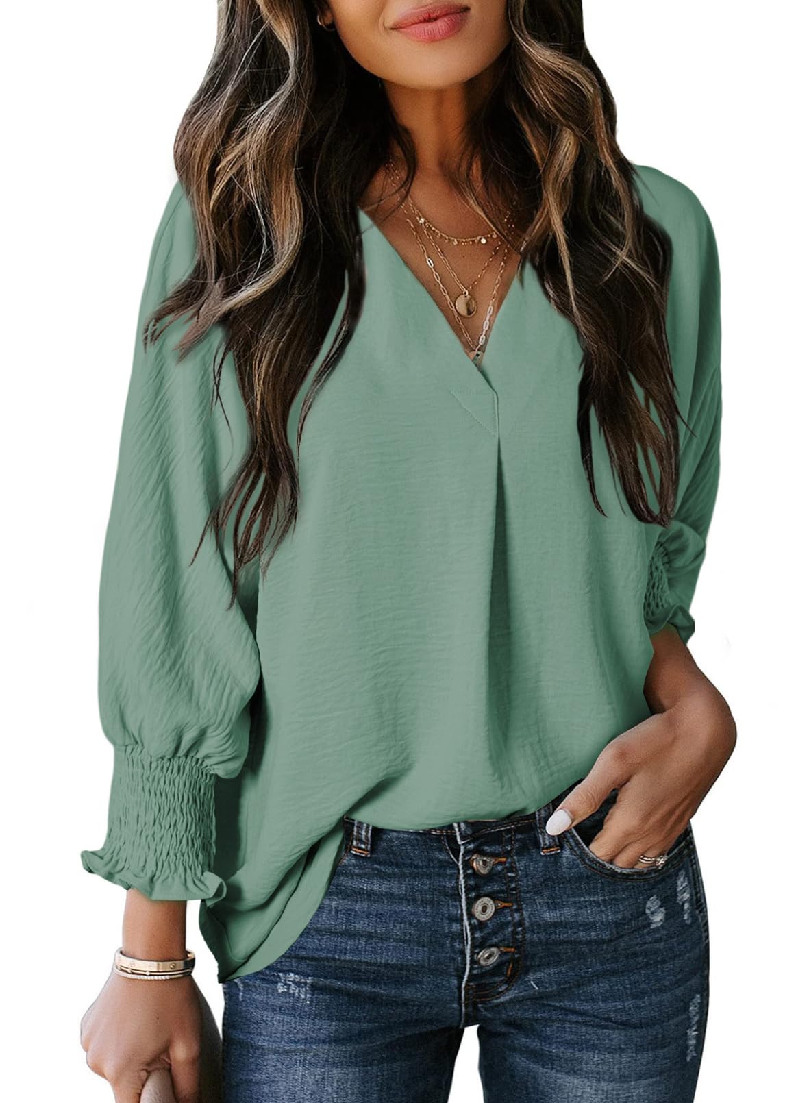 Damen lässige 3/4-Arm V-Ausschnitt Basic-Oberteile (3 kaufen, kostenloser Versand)