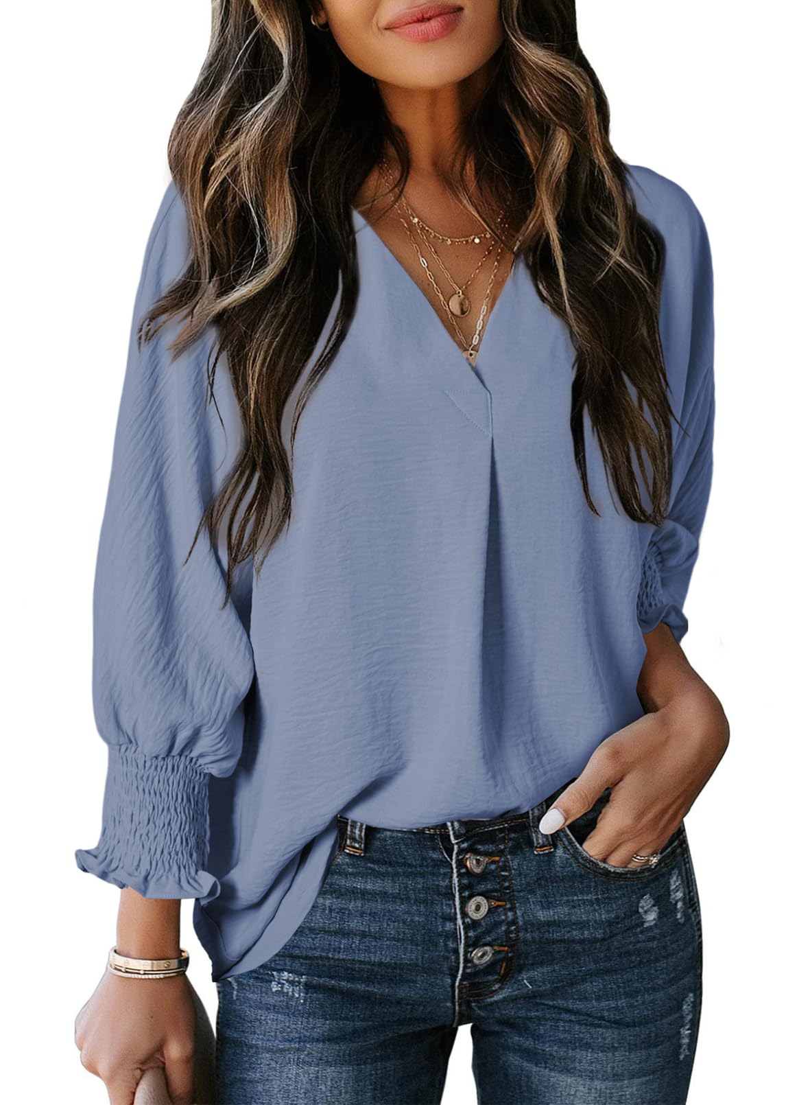 Damen lässige 3/4-Arm V-Ausschnitt Basic-Oberteile (3 kaufen, kostenloser Versand)