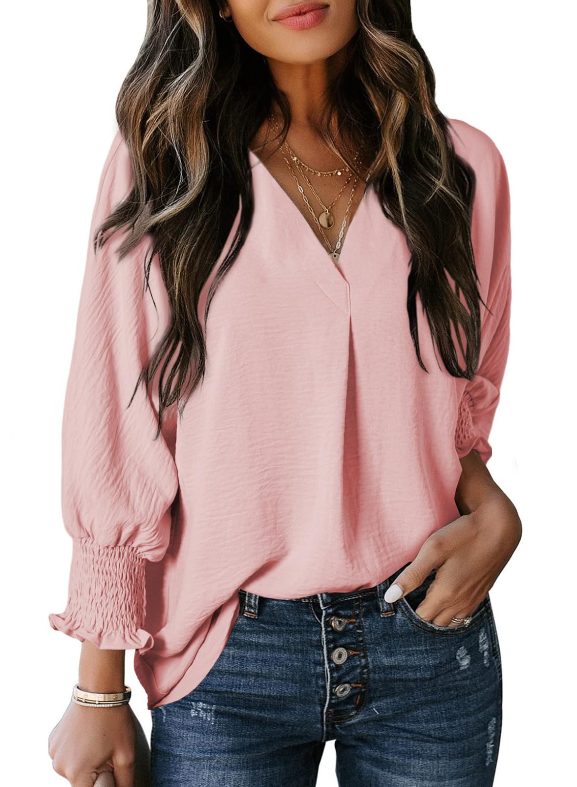Damen lässige 3/4-Arm V-Ausschnitt Basic-Oberteile (3 kaufen, kostenloser Versand)