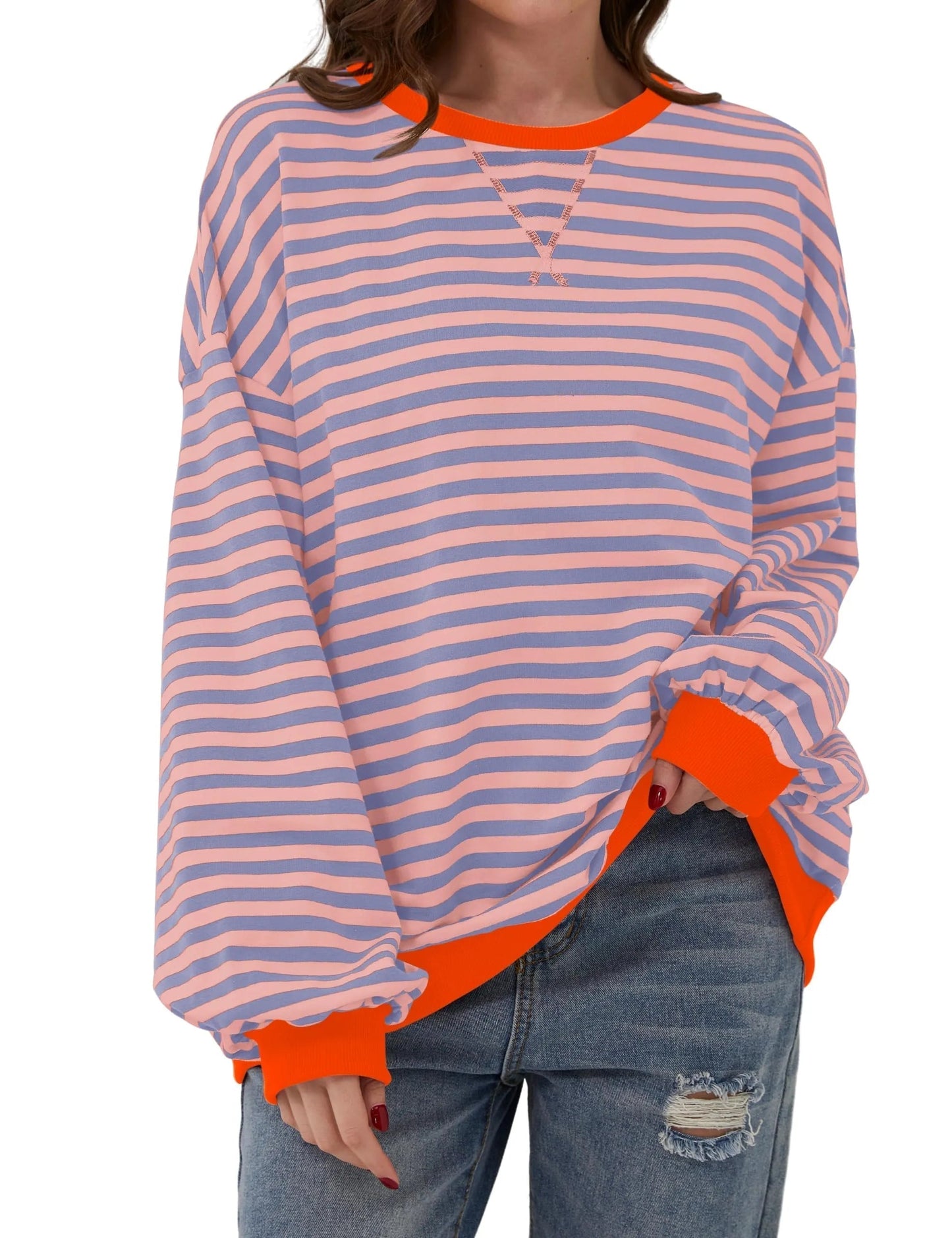 Damen Oversize-Pullover mit Streifen und langen Ärmeln (2 kaufen, kostenloser Versand)