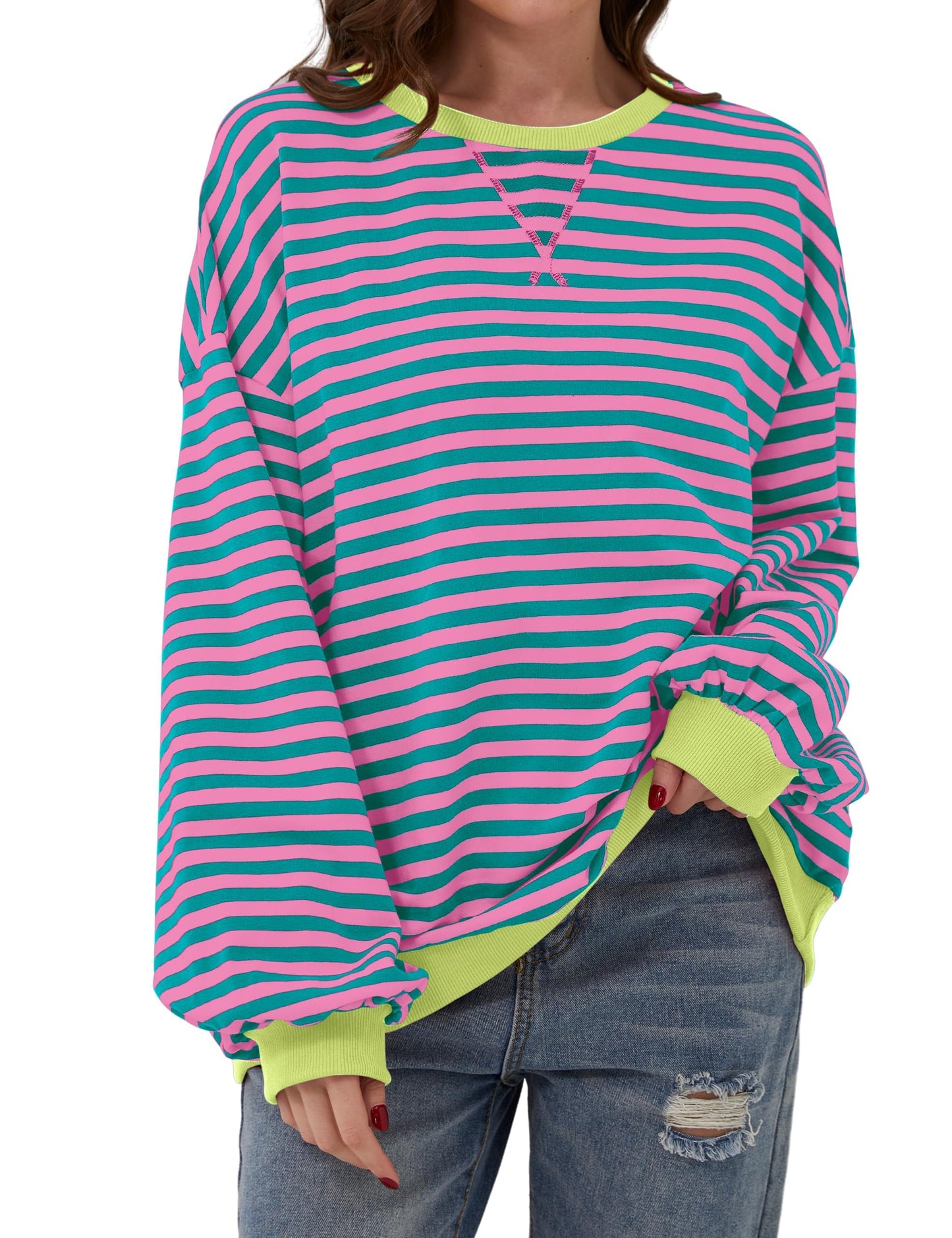 Damen Oversize-Pullover mit Streifen und langen Ärmeln (2 kaufen, kostenloser Versand)