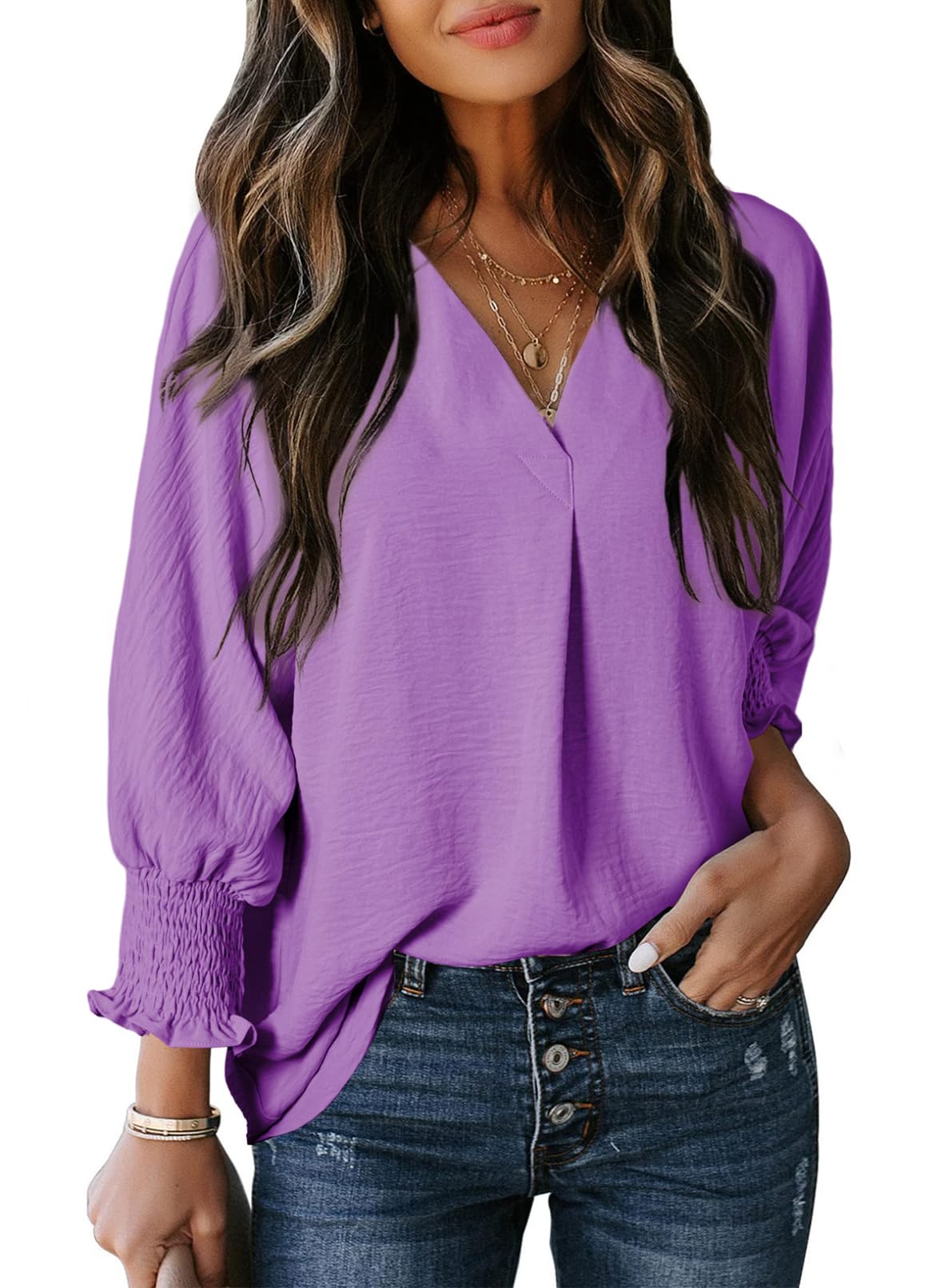 Damen lässige 3/4-Arm V-Ausschnitt Basic-Oberteile (3 kaufen, kostenloser Versand)