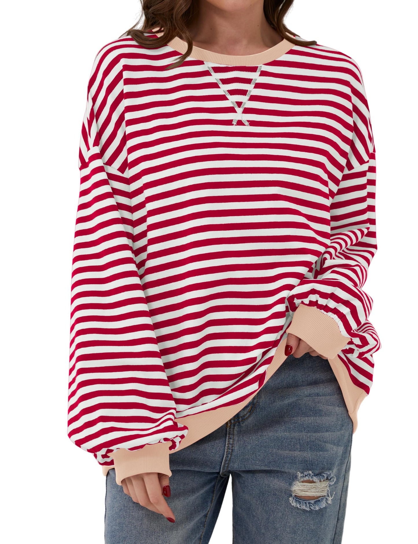 Damen Oversize-Pullover mit Streifen und langen Ärmeln (2 kaufen, kostenloser Versand)